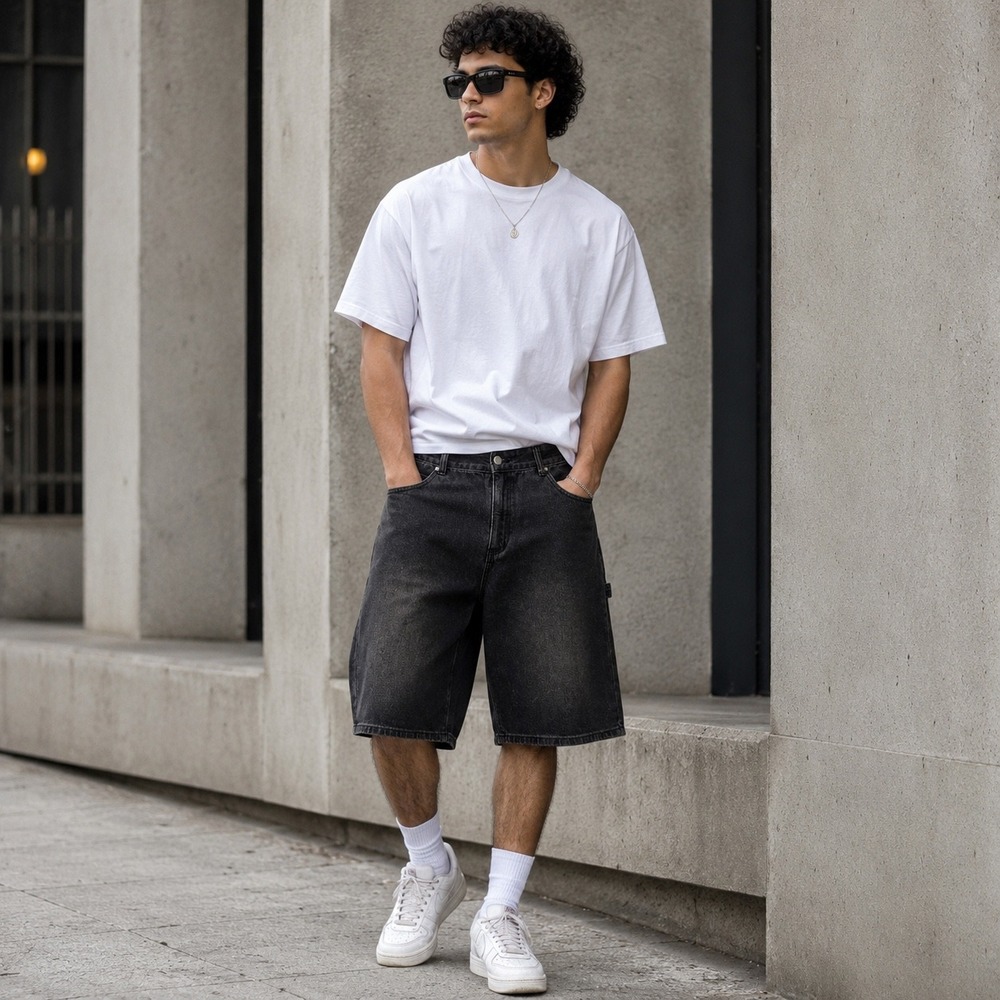 NVFelix Mens Baggy Denim Carpenter Shorts Faded Black Size L